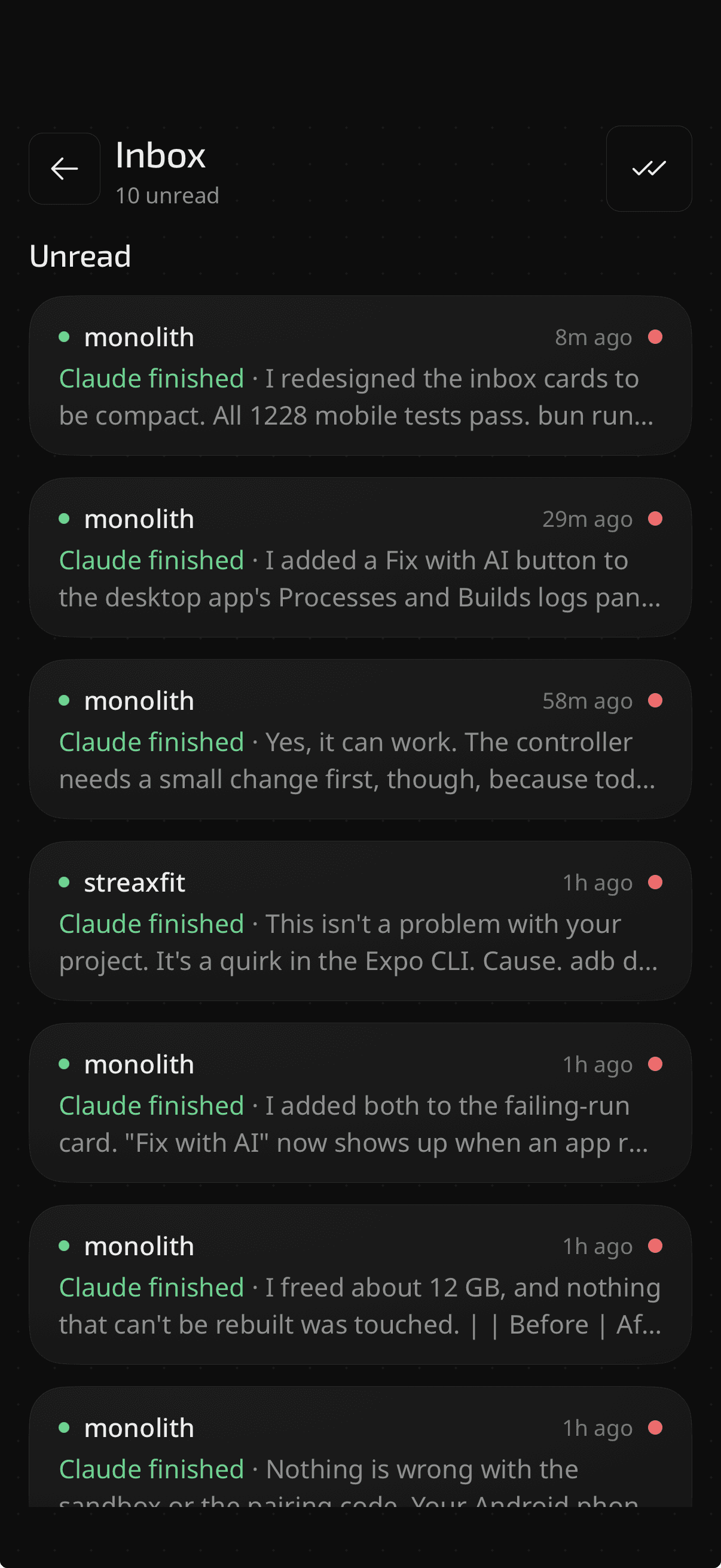 Tesseract inbox with finished Claude runs