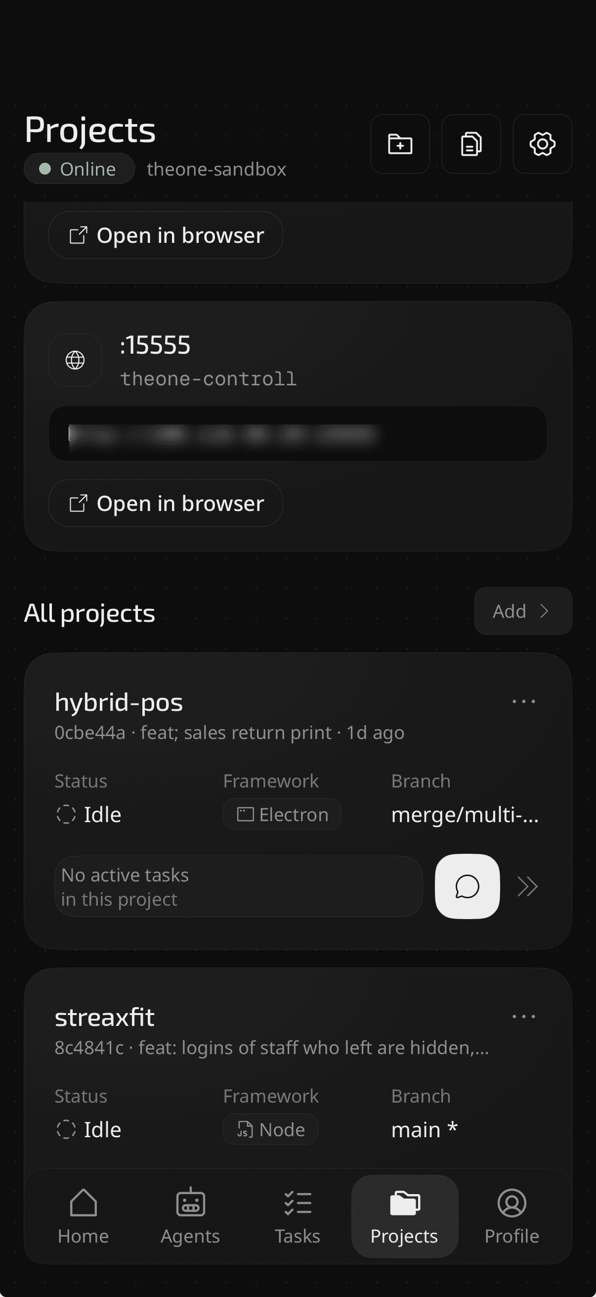 Projects with status, framework and branch
