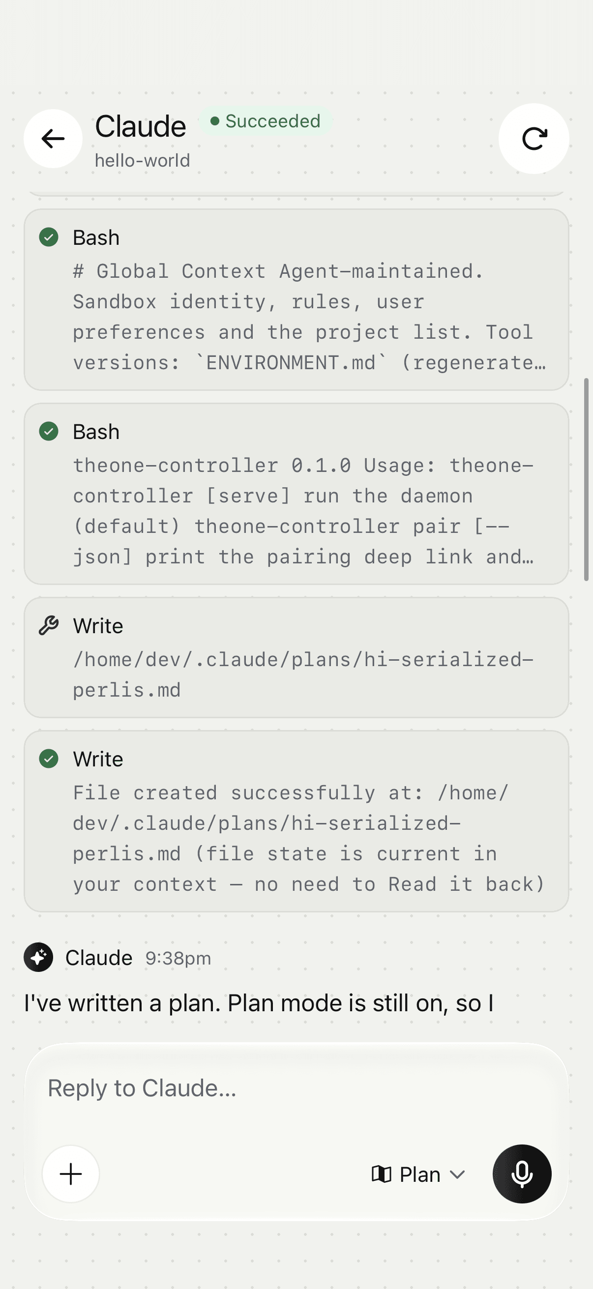 Claude run showing Bash and Write steps